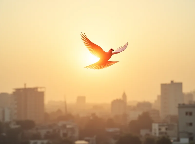 Depiction of a peace dove flying over Gaza, with a hazy sunrise in the background.