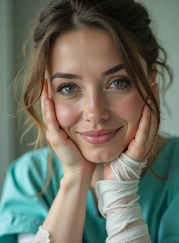 A young woman with short hair smiles gently, showing a bandaged hand. The background is blurred, suggesting a hospital setting.