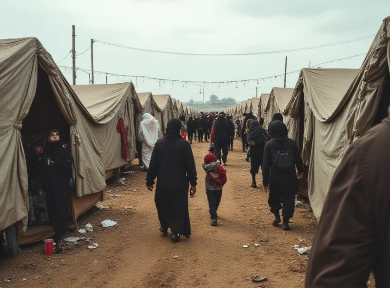 A crowded refugee camp with tents and displaced Palestinians, with a focus on the emotional expressions of the refugees.