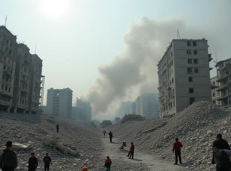 Image of the Gaza Strip showing damaged buildings and smoke plumes after an airstrike.