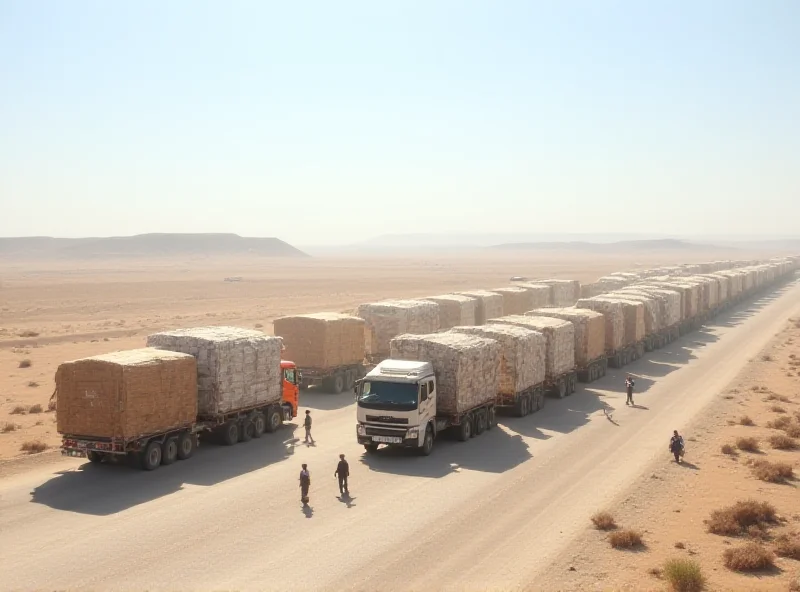 A long line of trucks carrying humanitarian aid waiting at a border crossing.