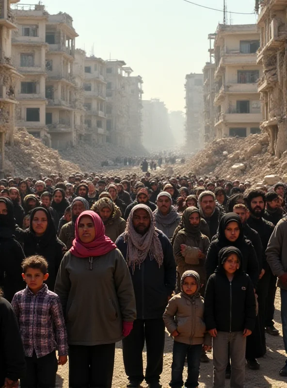 Crowd of people standing in front of damaged buildings in Gaza, waiting for aid.