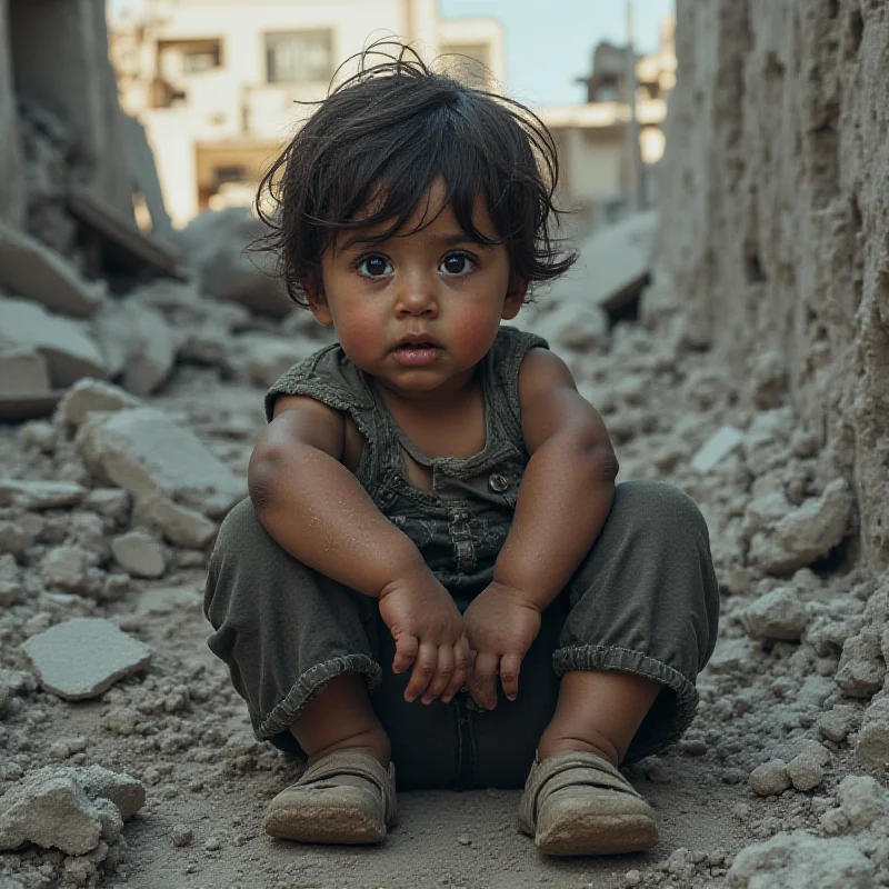 A young child sitting amongst rubble in Gaza, looking distressed.