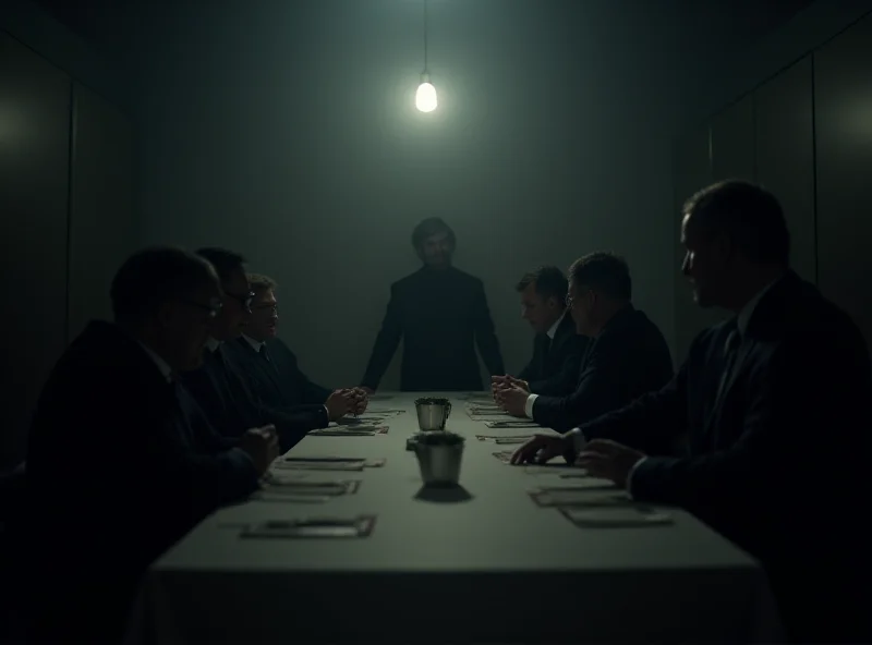 Image of negotiators at a table in a dimly lit room, suggesting secret talks are taking place.