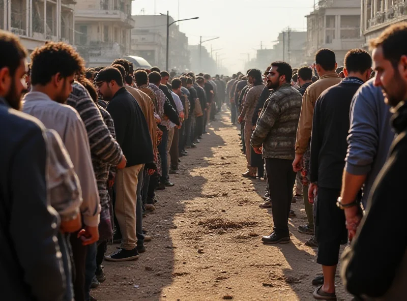 A crowded community kitchen in Gaza, showing people queuing for food rations. Some are holding empty bowls, looking distressed and hungry. The scene is chaotic and dusty.