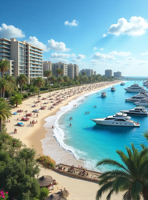 Conceptual drawing of a Middle East Riviera development with luxury hotels and beaches.