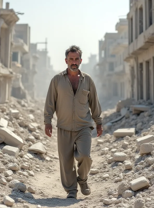 Palestinian man walking through rubble in Gaza