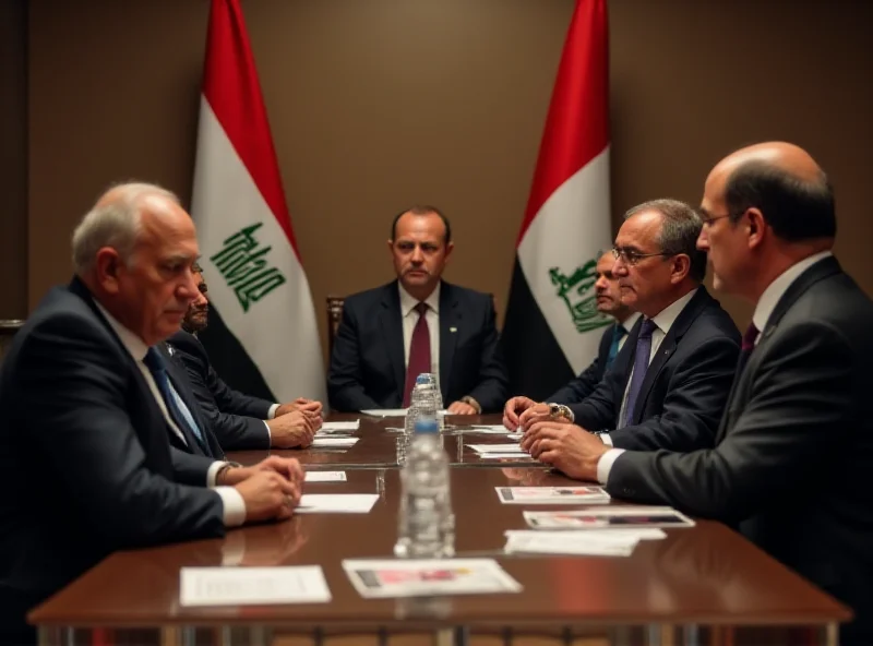 Negotiations between Israeli and Hamas representatives in a neutral setting, likely Egypt, with flags in the background.