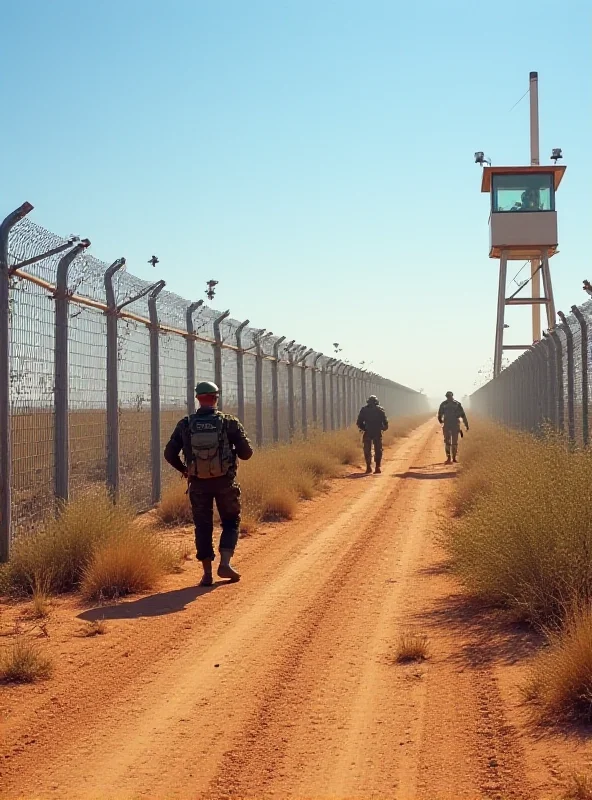 A high-tech security fence running along a border with watchtowers and surveillance equipment.