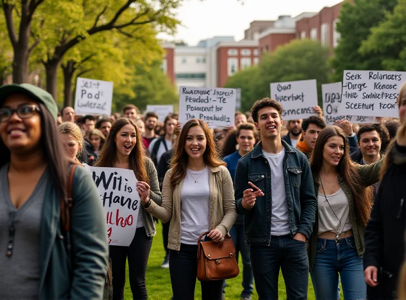 A diverse group of college students protesting on a campus lawn, holding signs and chanting slogans.