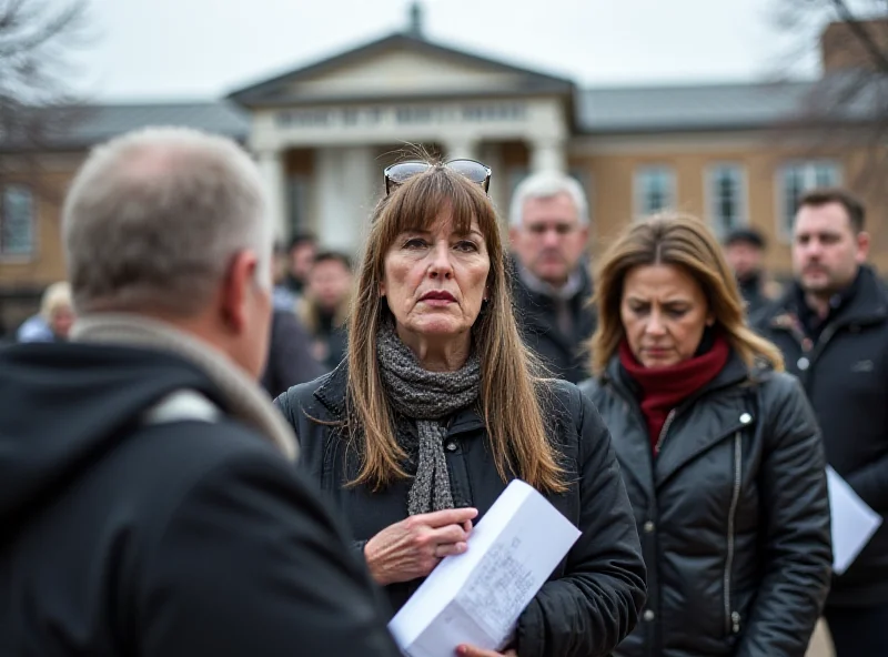 A group of concerned parents standing outside a school building, looking worried and holding documents.