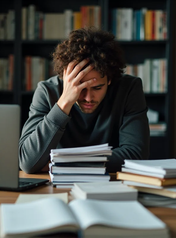A student looking stressed and overwhelmed while studying at a desk covered in textbooks and papers.