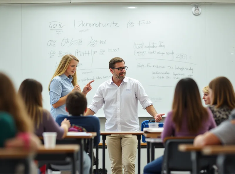 A teacher addressing a classroom of students, gesturing towards a whiteboard with equations and diagrams on it.