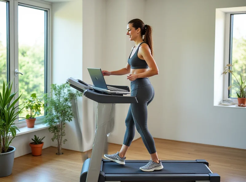 A woman happily working on a laptop while walking on an under-desk treadmill in her home office.