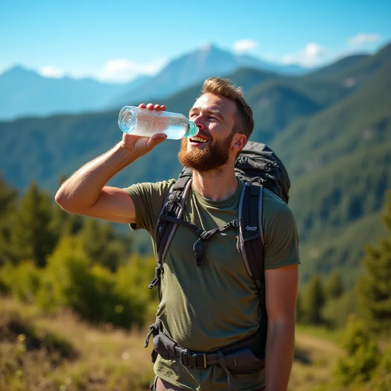 A person drinking from a filtered water bottle while hiking in a sunny outdoor setting.