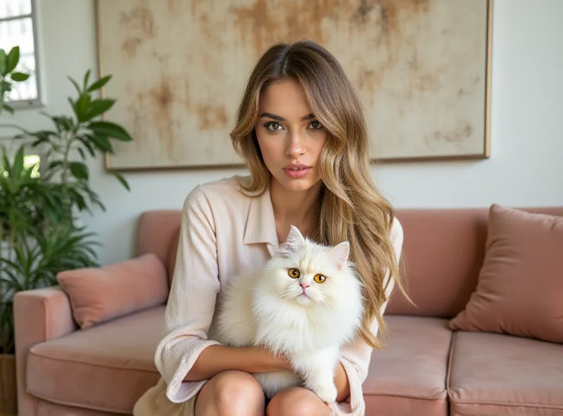 Young woman holding a stylish cat in a modern apartment.