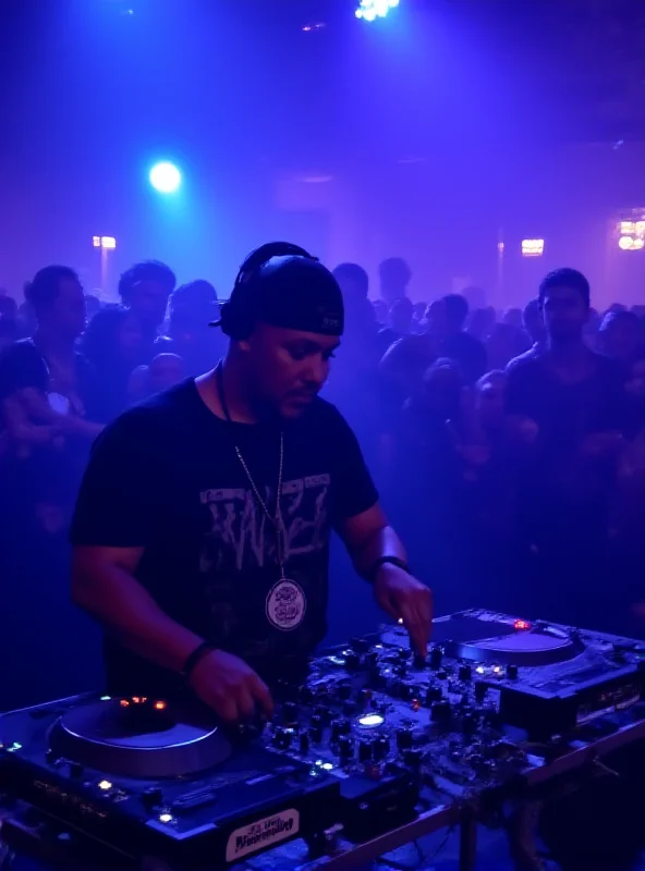 DJ Funk performing on stage in a dimly lit club.