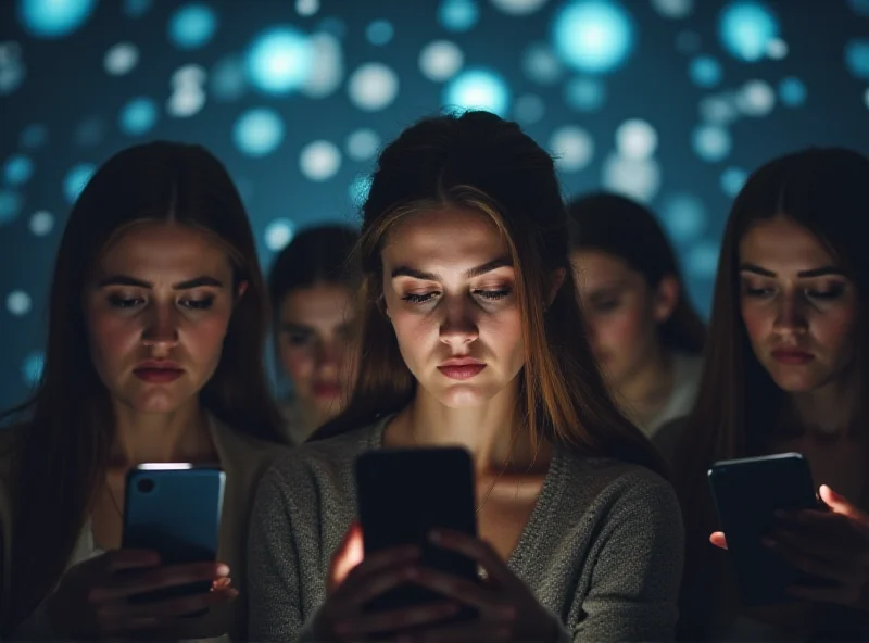 A group of young adults looking at their phones with expressions of annoyance and frustration, set against a blurred background of social media icons.