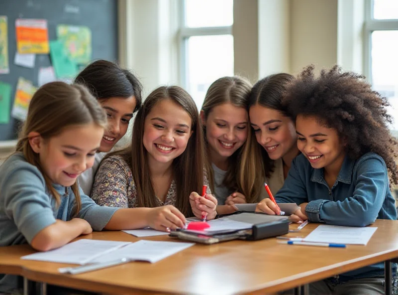 Image of a diverse group of students studying together in a modern classroom.