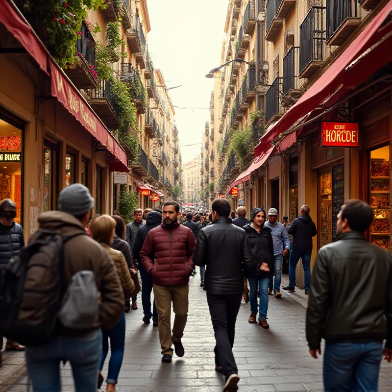 Image showing diverse people from different ethnic backgrounds in a bustling street in Barcelona, Spain, with signs and conversations in Catalan.