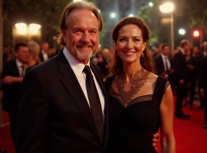 Image of Gene Hackman smiling warmly at a red carpet event, with his wife Betsy Arakawa smiling beside him.