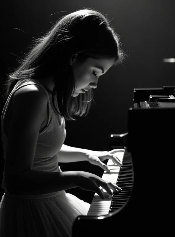 A black and white photo of a young Betsy Arakawa playing a grand piano with focus and passion.