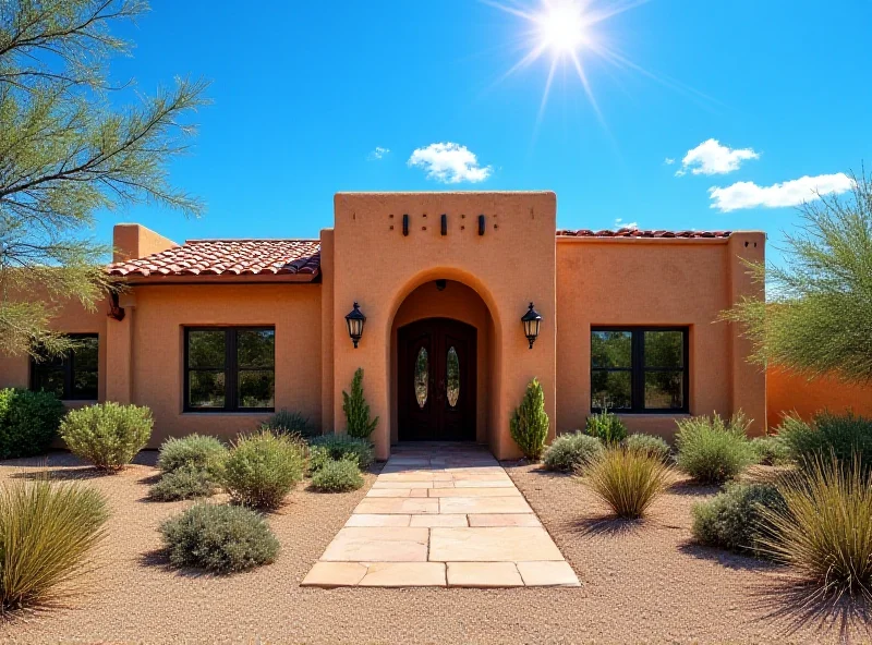 Exterior shot of a beautiful Santa Fe style home with adobe walls and a red tile roof, surrounded by desert landscaping.