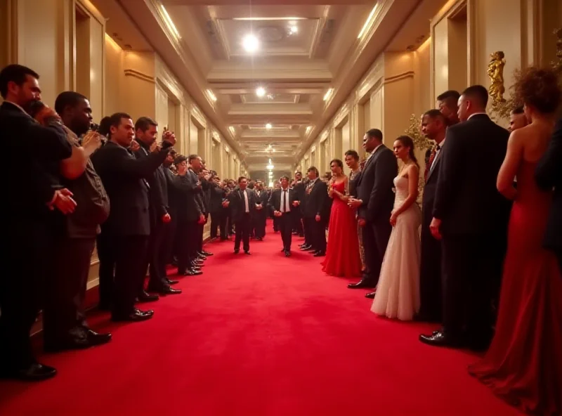 A wide shot of the red carpet at the Oscars, with flashing lights and celebrities arriving.