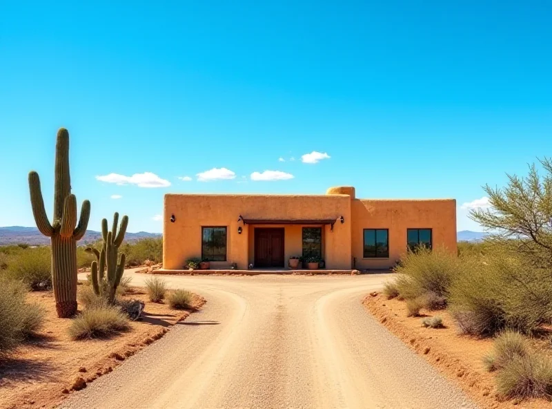 Scene depicting a quiet, upscale New Mexico home exterior during the day.