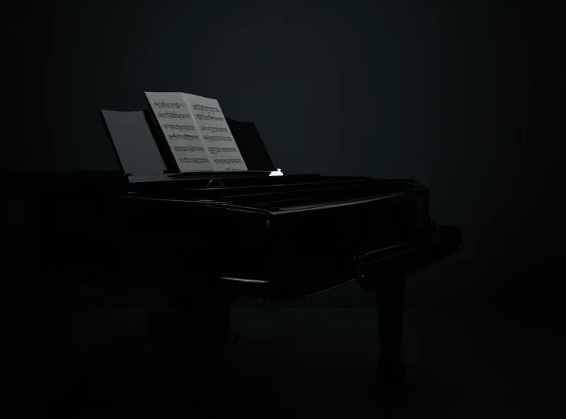 A grand piano sits in a dimly lit room, casting long shadows, with a sheet of music resting on the stand.