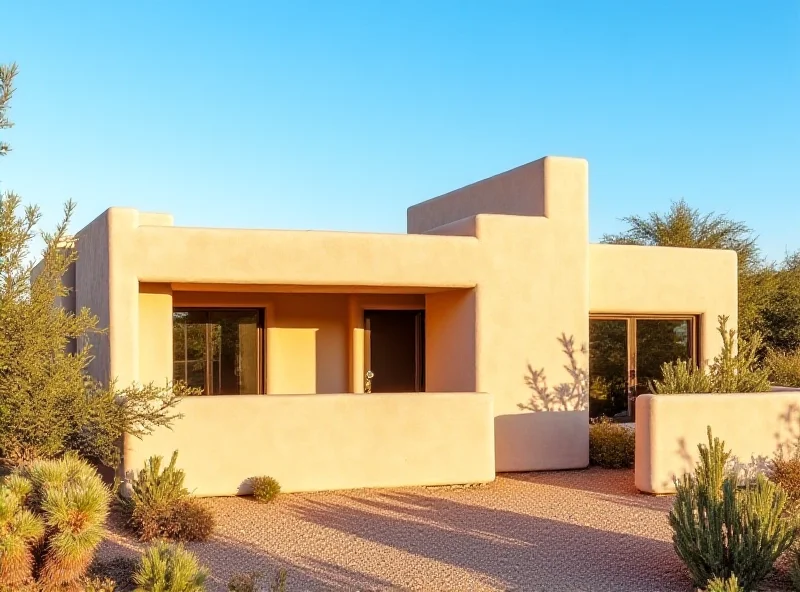 Exterior of a modern adobe-style house in Santa Fe, New Mexico. The house has a flat roof and stucco walls, blending into the desert landscape. In the foreground, desert plants and cacti are visible. The sky is clear and blue, with the sun casting shadows on the house.