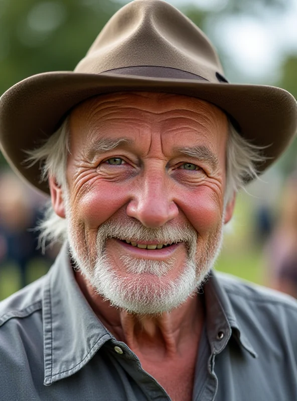 A close-up portrait of Gene Hackman in his later years. He has a kind, weathered face and a warm smile. He is wearing a casual shirt and a hat. The background is blurred, suggesting he is at an outdoor event. The lighting is natural and flattering.