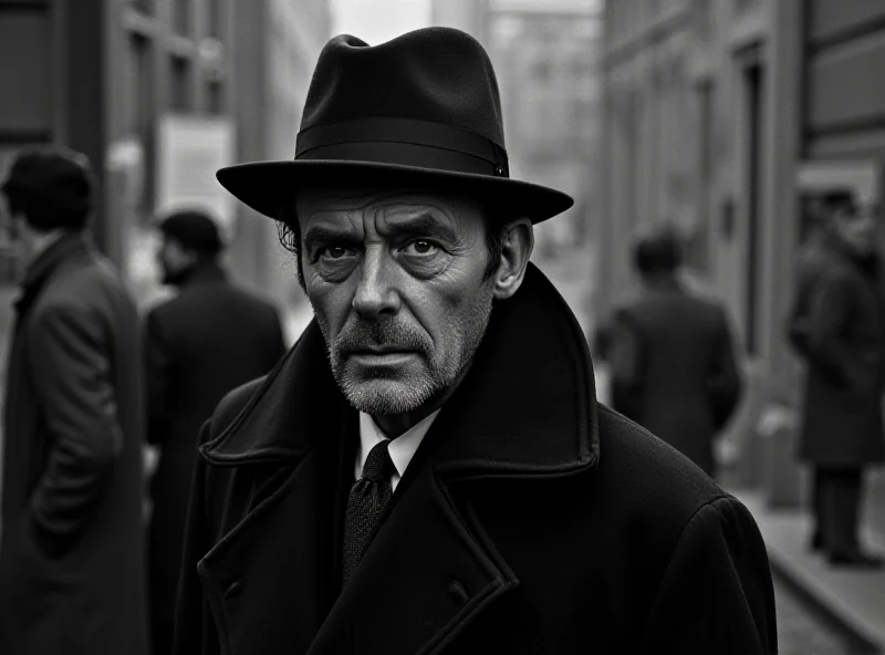 A black and white photograph of Gene Hackman in a scene from the movie The French Connection. He is wearing a detective's coat and hat, and he has a determined expression on his face. The background is a gritty urban setting.