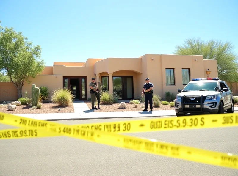 Investigators at a house in Santa Fe, New Mexico. Crime scene tape surrounds the property.