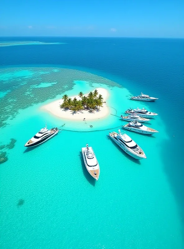 Aerial view of a tropical island with clear blue water and white sand beaches. Luxury yachts are anchored offshore.