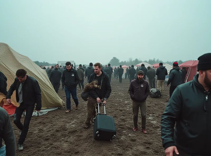 A chaotic scene from the original Fyre Festival. Tents are scattered haphazardly, and people look confused and distressed.