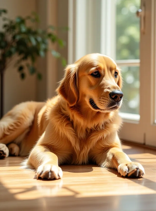 A golden retriever dog lying down in a sunny spot in a home.