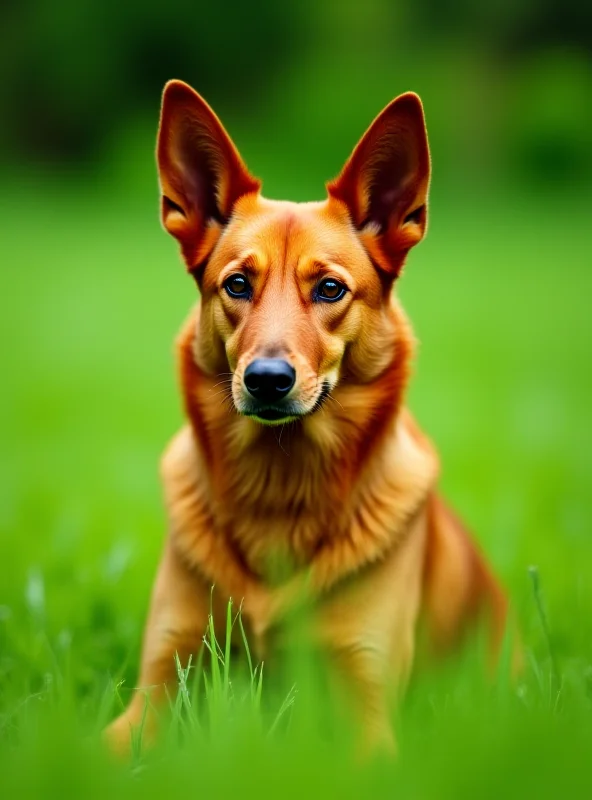 An Australian Kelpie dog sitting and looking alert, surrounded by green grass.