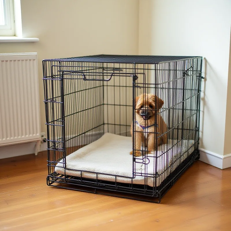 A crate with a dog bed inside, placed in a corner of a living room.