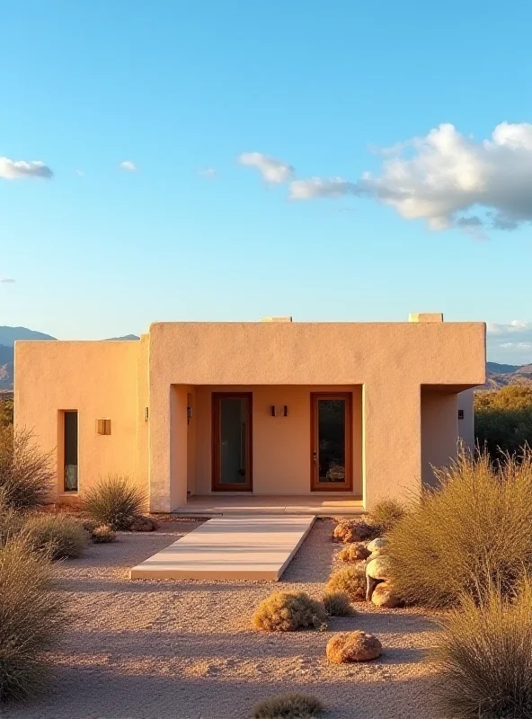 Exterior of a modern Santa Fe style home with adobe walls and desert landscaping