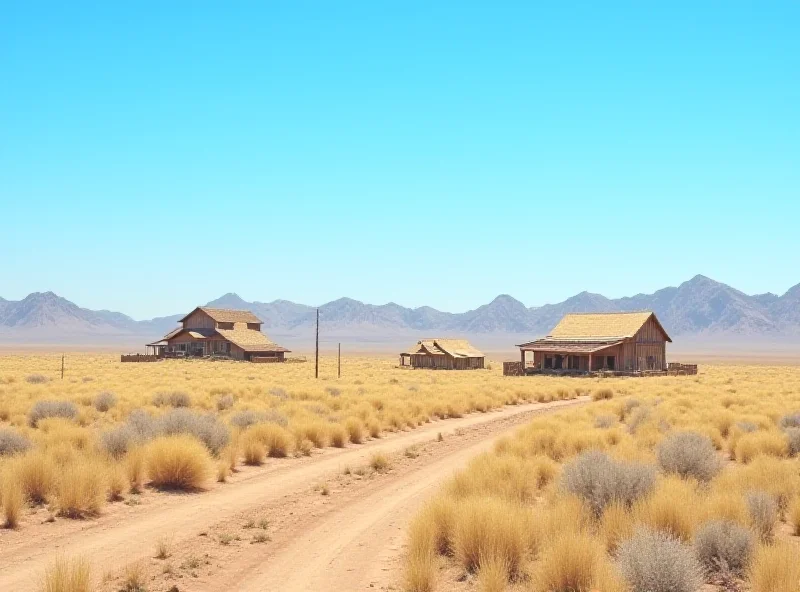A serene landscape of a New Mexico ranch under a clear blue sky.