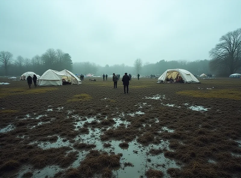 A chaotic scene from the original Fyre Fest showing tents and unprepared grounds.