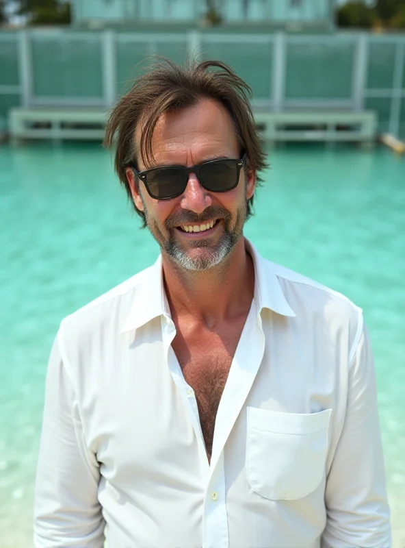 Billy McFarland smiling mischievously against a tropical background.