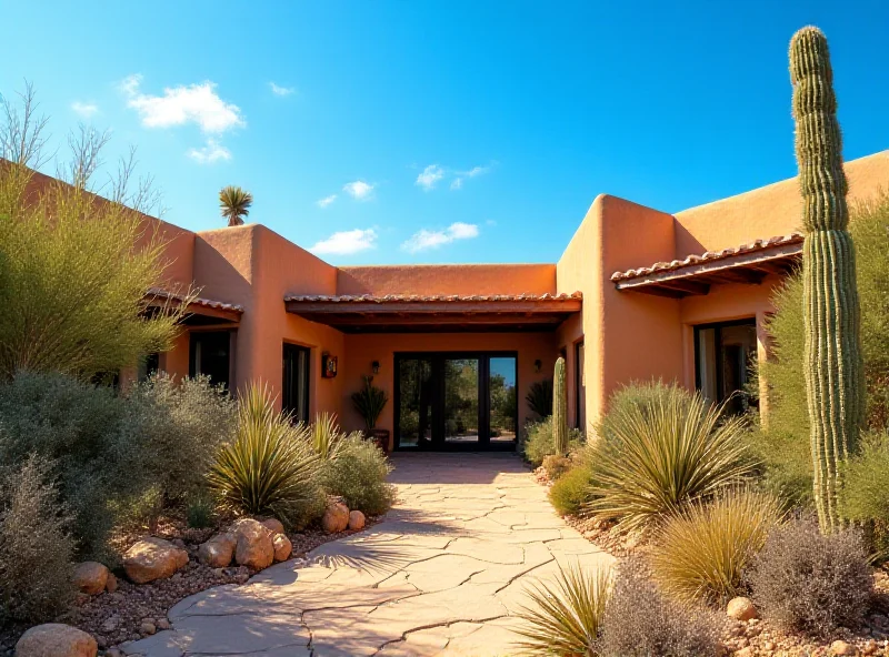 Exterior of a luxurious Santa Fe home with adobe architecture under a bright blue sky.