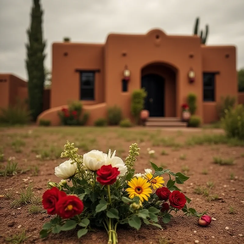 A somber scene depicting a bouquet of flowers laid in front of a Santa Fe style home, symbolizing mourning and remembrance.