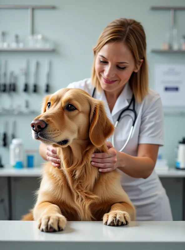 A kind-looking veterinarian examining a golden retriever in a brightly lit clinic. The veterinarian is smiling reassuringly.