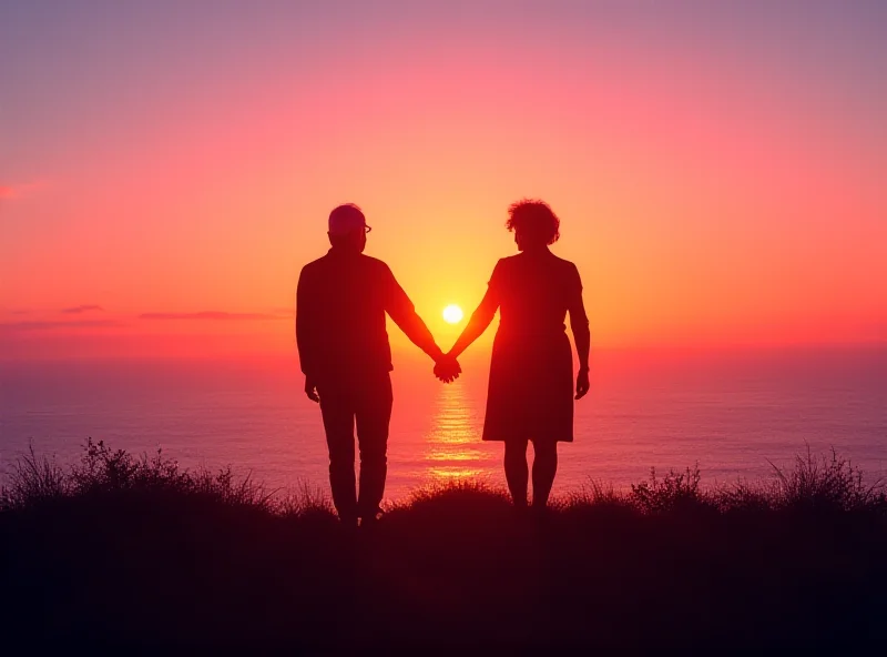 An elderly couple holding hands, silhouetted against a sunset. The scene is peaceful but also evokes a sense of loss.