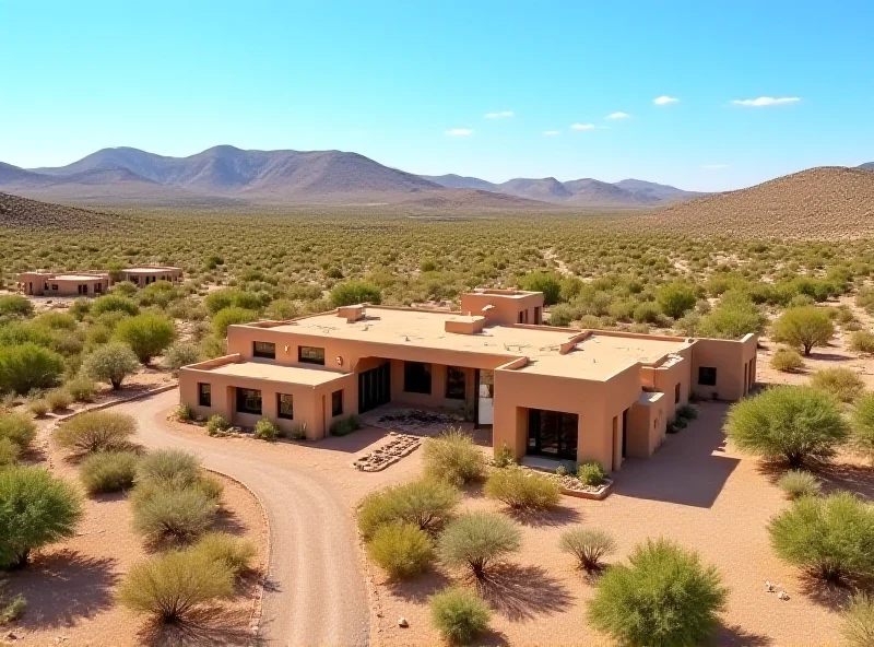 An aerial view of a modern home in Santa Fe, New Mexico, surrounded by desert landscape.