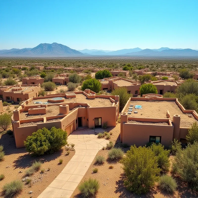 Aerial view of a residential area in Santa Fe, New Mexico. The houses are built in a traditional Southwestern style, with adobe walls and flat roofs. The landscape is arid, with sparse vegetation and mountains in the distance. The sky is clear and blue.