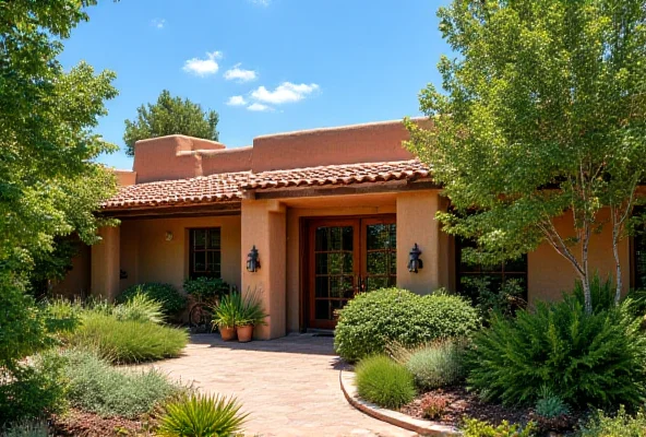 Exterior of a Southwestern style house in Santa Fe.